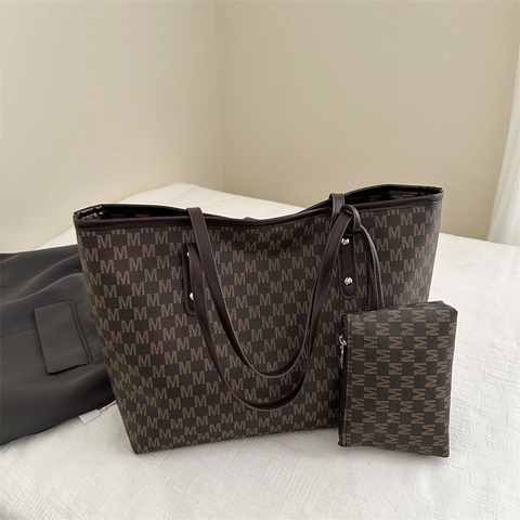 Grote Capaciteit PU Leer Tote Bag En Kleine Tas M Letter Monogram Print Elegante Schoudertas Voor Vrouwen Mode Woon Werkverkeer
