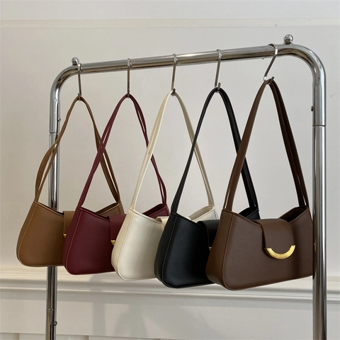 Bolso De Axila Para Mujer Cuero PU Hebilla De Media Luna Dorada Bolso De Hombro Retro Minimalista Moda Casual Diario