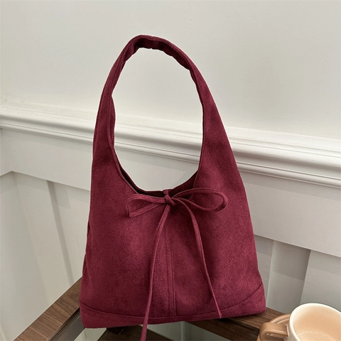 Vintage Faux Suede Tote Bag For Women Solid Color Bow Tie Shoulder Bag Large Capacity Commute Underarm Bag Hobo Handbag