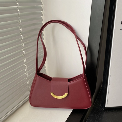 Minimalist Underarm Baguette Bag PU Leather Gold Half Moon Buckle Retro Solid Color Shoulder Bag For Women