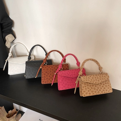 Women Small Square Bag PU Leather Four Leaf Clover Embossed Handbag With Knot Handle Detachable Strap Retro Crossbody
