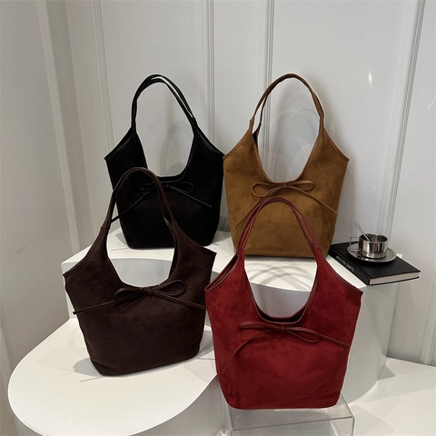 Damen Tote Bag Große Kapazität Retro Wildleder Optik PU Leder Schultertasche Schleife Dekor Lässig Vintage Pendler
