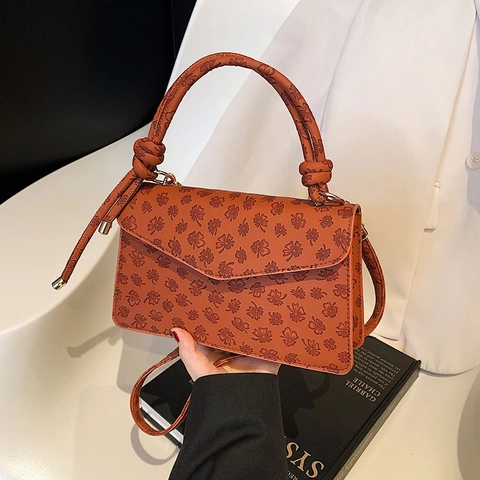 Women Small Square Bag PU Leather Four Leaf Clover Embossed Handbag With Knot Handle Detachable Strap Retro Crossbody