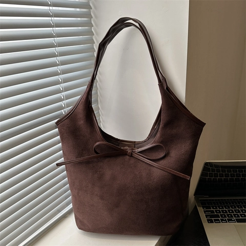 Damen Tote Bag Große Kapazität Retro Wildleder Optik PU Leder Schultertasche Schleife Dekor Lässig Vintage Pendler