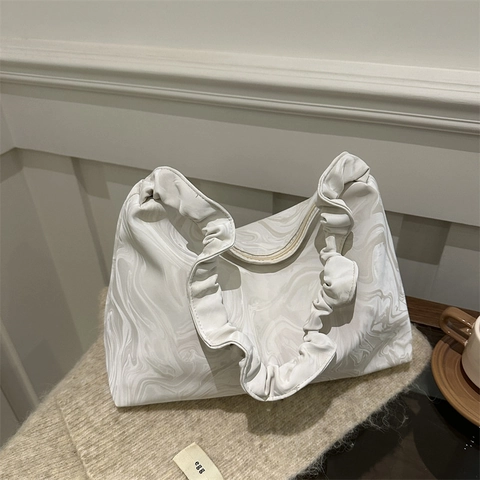 Borsa Sottobraccio Da Donna Con Motivo Marmorizzato Tracolla Arricciata Pelle PU Grande Capacità Casual Studente Hobo Trendy