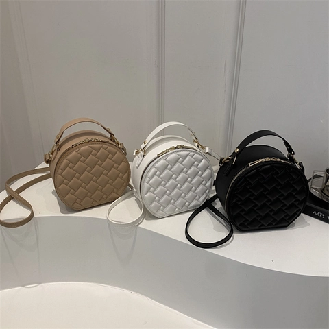 Damen Runde Gesteppte Umhängetasche Mode PU Leder Gewebte Textur Umhängetasche Mit Griff Stilvolle Kleine Kreis Handtasche