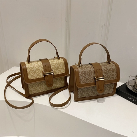 Vintage Monogram Print PU Leather Crossbody Bag Small Square Handbag For Women With Flap Metal Buckle Adjustable Strap