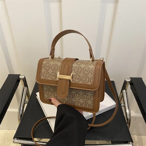 Vintage Monogram Print PU Leather Crossbody Bag Small Square Handbag For Women With Flap Metal Buckle Adjustable Strap