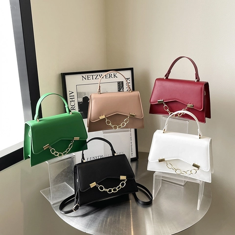 Women PU Leather Crossbody Bag Gold Chain Decor Flap Top Handle Small Square Shoulder Handbag Versatile Chic