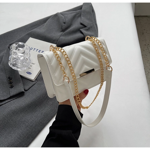 Borsa A Spalla Donna Pelle PU Trapuntata Chevron Catena Dorata Patta Quadrata Tracolla Pochette Da Sera Moda Versatile