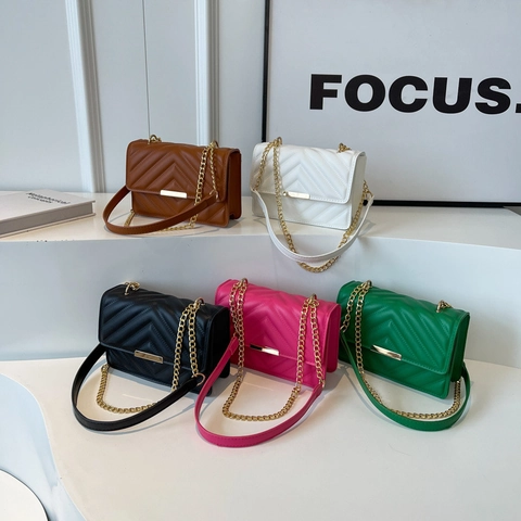Bolso De Hombro Acolchado Con Patrón De Chevron Cuero PU Cadena Dorada Retro Simple Tendencia Para Mujer