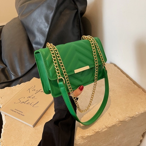Bolso De Hombro Acolchado Con Patrón De Chevron Cuero PU Cadena Dorada Retro Simple Tendencia Para Mujer