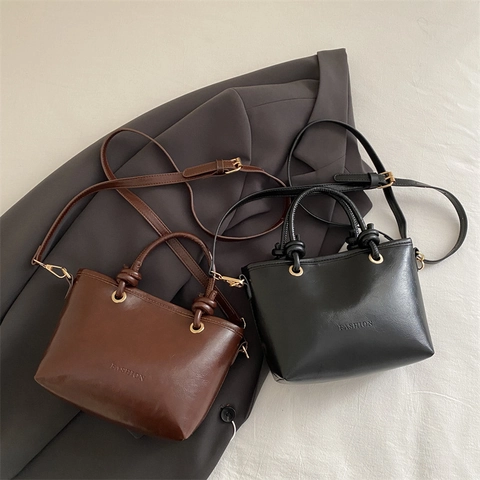 Retro PU Leather Mini Tote Bag With Knot Handle Detachable Strap Fashion Solid Color Crossbody Handbag For Women
