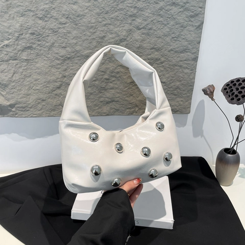 Women Underarm Bag Glossy PU Leather Silver Ball Rivets Ruched Handle Crescent Hobo Purse Trendy Y2K Style Solid Color