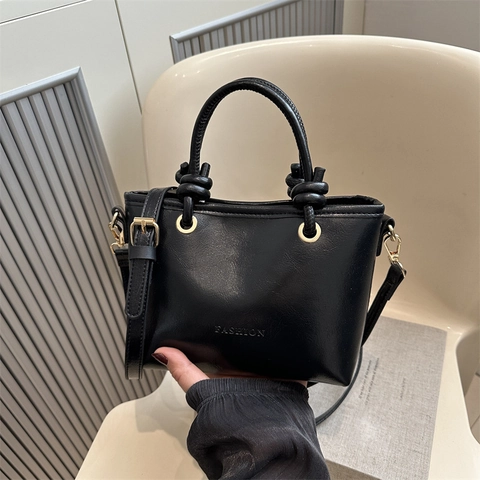 Retro PU Leather Mini Tote Bag With Knot Handle Detachable Strap Fashion Solid Color Crossbody Handbag For Women