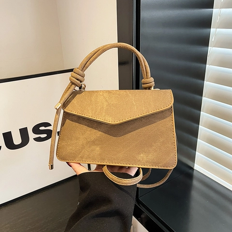 Women PU Leather Square Handbag Minimalist Vintage Frosted Flap Shoulder Crossbody Bag With Decorative Knot Handle