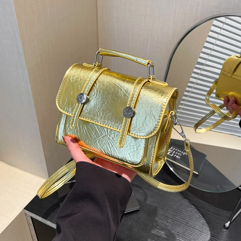 Borsa A Tracolla Da Donna In Pelle PU Metallica Piccola Borsa A Mano Quadrata Di Moda Con Manico E Fibbia Argentata