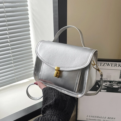 Women Glossy PU Leather Shoulder Bag Retro Square Crossbody Handbag With Metal Lock Adjustable Strap Fashionable Trendy