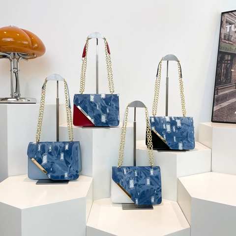 Borsa a Spalla da Donna in Denim Patchwork con Catena Moda Effetto Usurato Piccola Borsa Quadrata Lusso Crossbody Bag