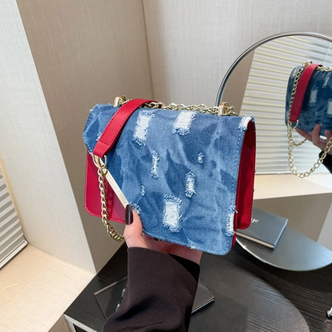 Bolso Bandolera Mujer Patchwork Denim Desgastado Cuero PU Correa Cadena Dorada Color Contraste Bolso Cuadrado Pequeño