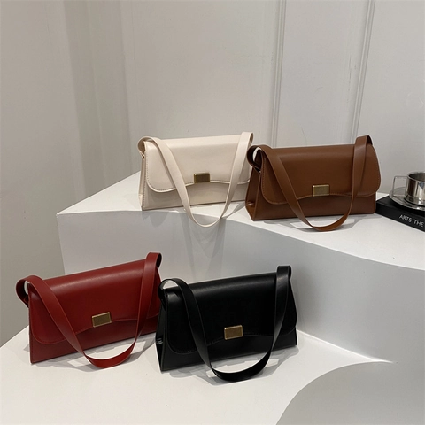 Borsa A Spalla Vintage Da Donna In Pelle PU Borsa Sottobraccio Rettangolare Con Fibbia In Metallo Dorato Borsa Minimalista