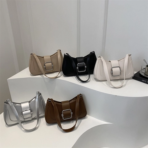 Bolso de Hombro Baguette de Cuero PU Minimalista para Mujer Bolso de Axila a la Moda Con Hebilla Metálica Cuadrada Color Sólido Estilo Urbano Retro