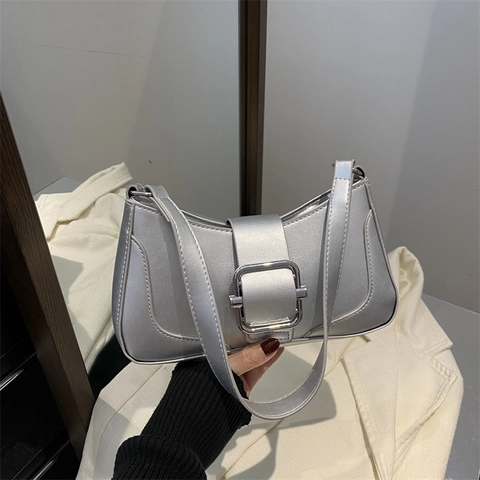 Baguette Underarm Bag PU Leather Large Square Metal Buckle Simple Elegant Retro Versatile Shoulder Handbag Women
