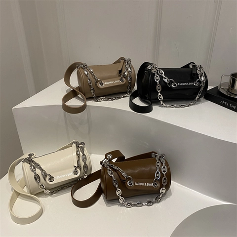 Sac à Bandoulière Cylindrique pour Femme en Cuir PU Avec Chaîne en Métal Argenté Sacoche Minimaliste Petit Sac Tonneau Usage Quotidien