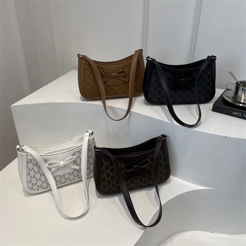 Bolso De Hombro Vintage Para Mujer Cuero PU Monograma Letra M Estampado Decoración De Lazo Baguette Tendencia Daily Chic
