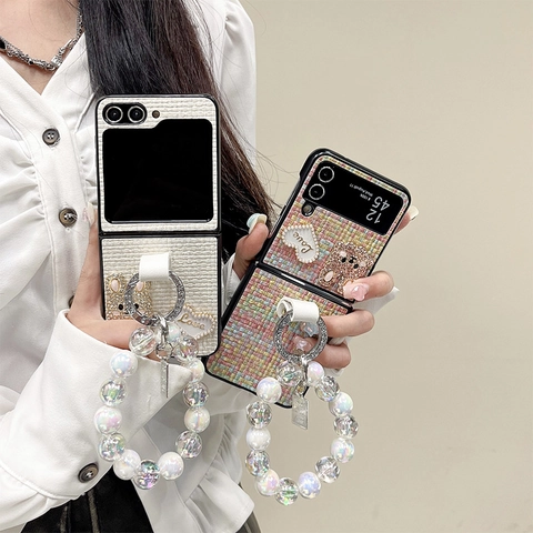 Foldable Phone Case Tweed Faux Leather Rhinestone Rabbit Heart Charm Ring Buckle Iridescent Beaded Hand Chain For Smartphone