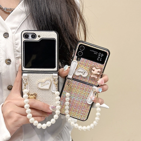 Funda Plegable Para Teléfono De Tweed Cadena Perlas Artificiales Corazón Oso Cubierta Protectora Lujo Para Smartphones Plegables
