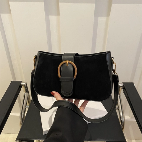 Vintage Frosted Suede Splicing Underarm Bag For Women Retro Square Shoulder Bag With Large Metal Buckle Urban Simple Crossbody Bag