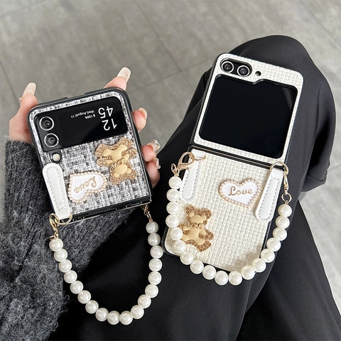 Funda Plegable Para Teléfono De Tweed Cadena Perlas Artificiales Corazón Oso Cubierta Protectora Lujo Para Smartphones Plegables