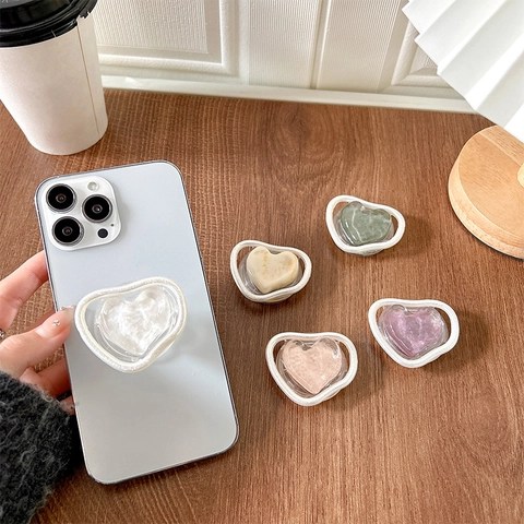 Heart Shape Phone Grip Tok Expanding Stand Retractable Holder Resin Marble Texture Cute Ins Style Universal Accessory