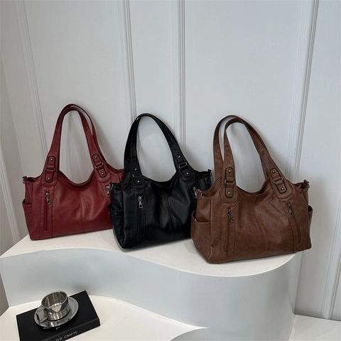Women Vintage PU Leather Large Capacity Tote Bag Solid Color Zipper Decor Shoulder Bag Casual Commute Handbag With Multi Pockets