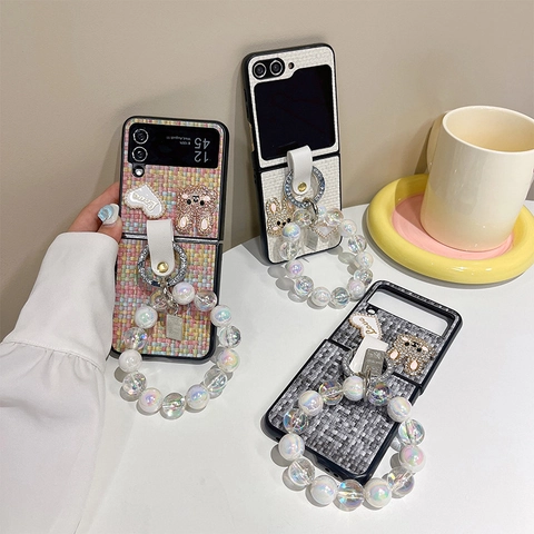Foldable Phone Case Tweed Faux Leather Rhinestone Rabbit Heart Charm Ring Buckle Iridescent Beaded Hand Chain For Smartphone