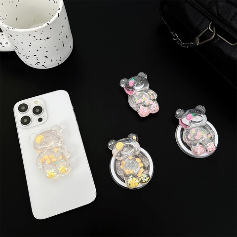 Supporto Per Telefono Orso Cartone Animato Resina Trasparente Brillantini Fette Frutta Magnetico Retrattile Supporto Scrivania