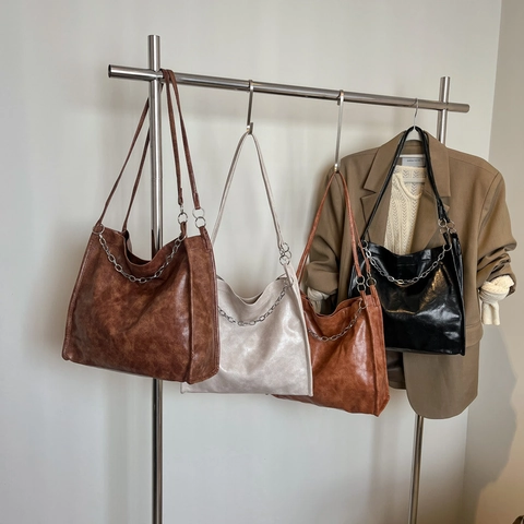 Grand Sac Fourre-Tout Vintage En Similicuir Avec Décoration De Chaîne En Métal Sac À Épaule Décontracté Pour Femmes Mode