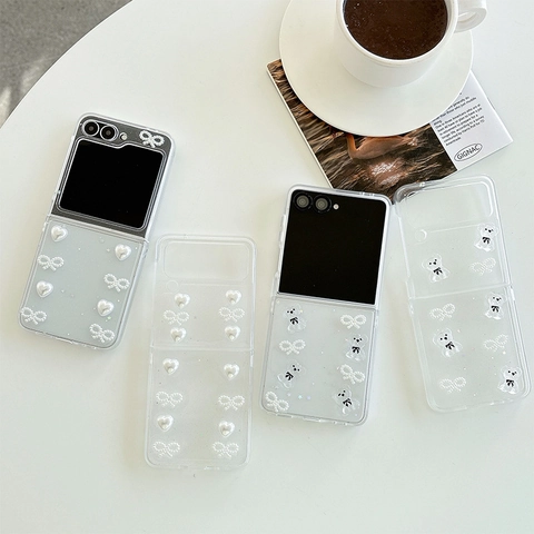 Custodia Pieghevole Trasparente TPU Rilievo Perla Artificial Cuore Fiocco Orso Decoro Elegante Protezione Per Smartphone Pieghevole