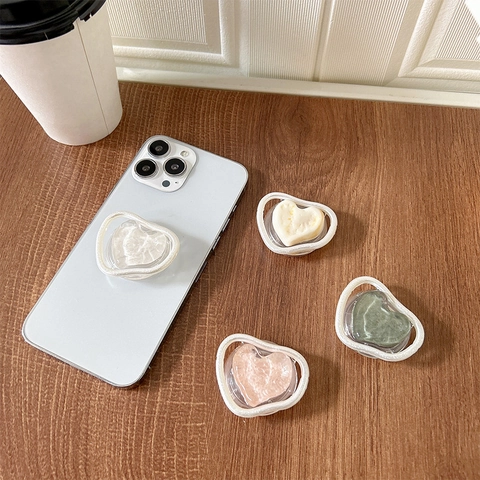 Heart Shape Phone Grip Tok Expanding Stand Retractable Holder Resin Marble Texture Cute Ins Style Universal Accessory