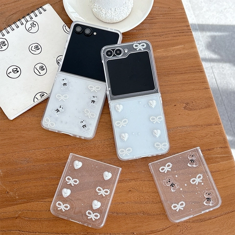 Custodia Pieghevole Trasparente TPU Rilievo Perla Artificial Cuore Fiocco Orso Decoro Elegante Protezione Per Smartphone Pieghevole