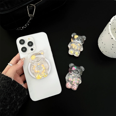 Supporto Per Telefono Orso Cartone Animato Resina Trasparente Brillantini Fette Frutta Magnetico Retrattile Supporto Scrivania