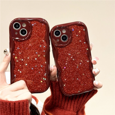 Custodia Per Telefono Con Bordo Ondulato TPU Morbida Antiurto Con Glitter E Lustrini A Stella Rosso Vino Per iPhone