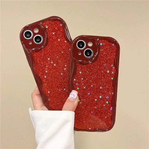 Custodia Per Telefono Con Bordo Ondulato TPU Morbida Antiurto Con Glitter E Lustrini A Stella Rosso Vino Per iPhone