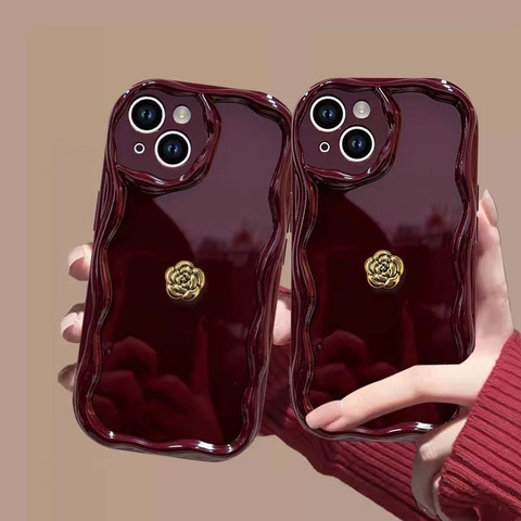 Custodia Per Telefono Con Bordo Ondulato Rosso Vino Con Camelia In Metallo Dorato Lucida Antiurto Vintage Elegante Per IPhone
