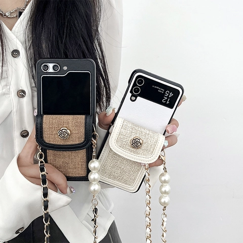 Crossbody Folding Phone Case With Tweed Wallet Card Holder Artificial Pearl Leather Chain Strap Camellia Flower For Samsung Z Flip