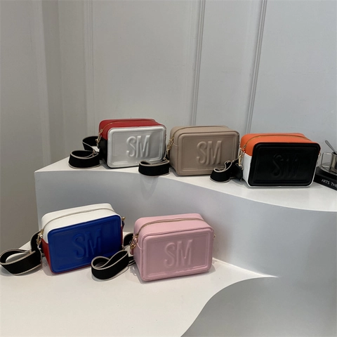 Women Crossbody Bag PU Leather Embossed Letter Wide Contrast Adjustable Strap Casual Fashion Square Camera Shoulder Bag