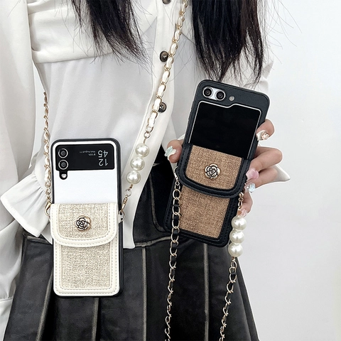 Crossbody Folding Phone Case With Tweed Wallet Card Holder Artificial Pearl Leather Chain Strap Camellia Flower For Samsung Z Flip