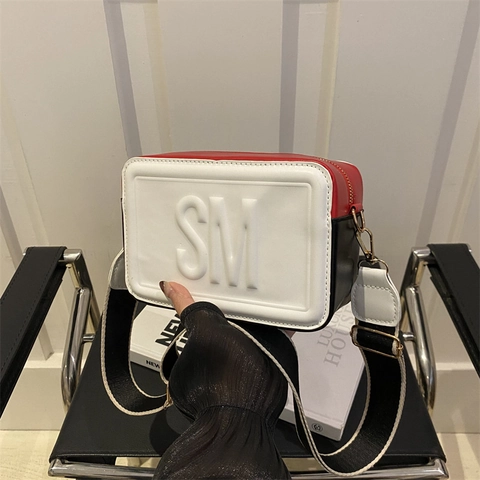 Women Crossbody Bag PU Leather Embossed Letter Wide Contrast Adjustable Strap Casual Fashion Square Camera Shoulder Bag
