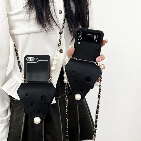 Funda Para Teléfono Queso Triángulo Con Perla Artificial Cuero PU Cubierta Pantalla Plegable Cadena Bandolera Para Mujeres Elegante
